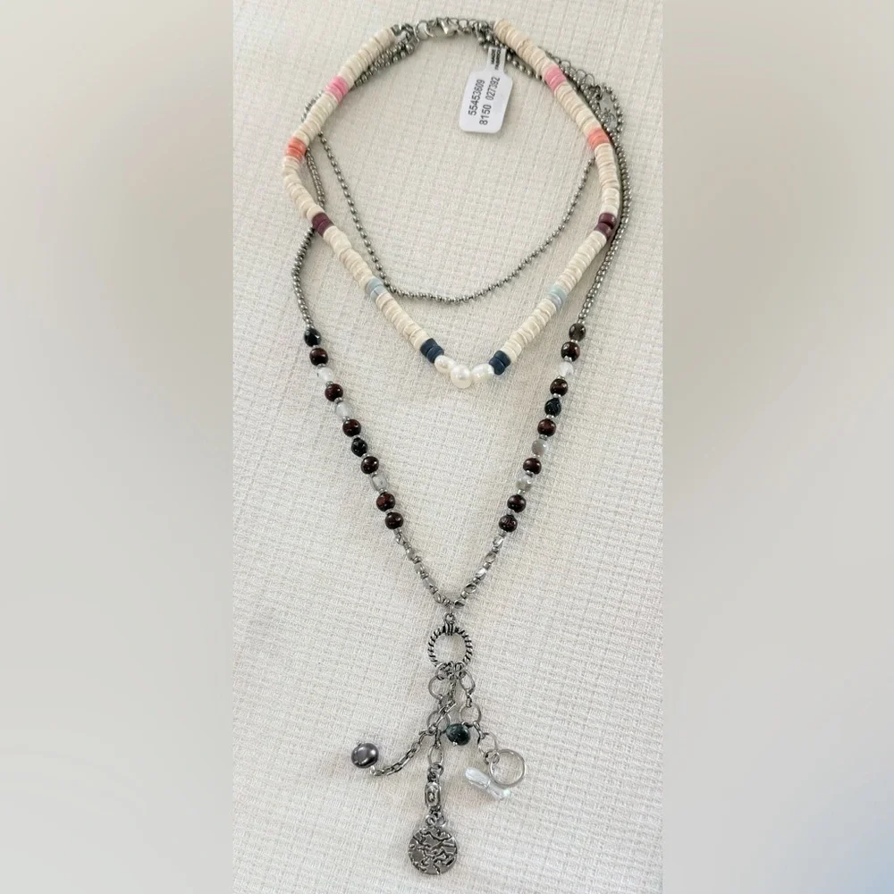 New Free People Layered Silver and Pearl Charm Necklace